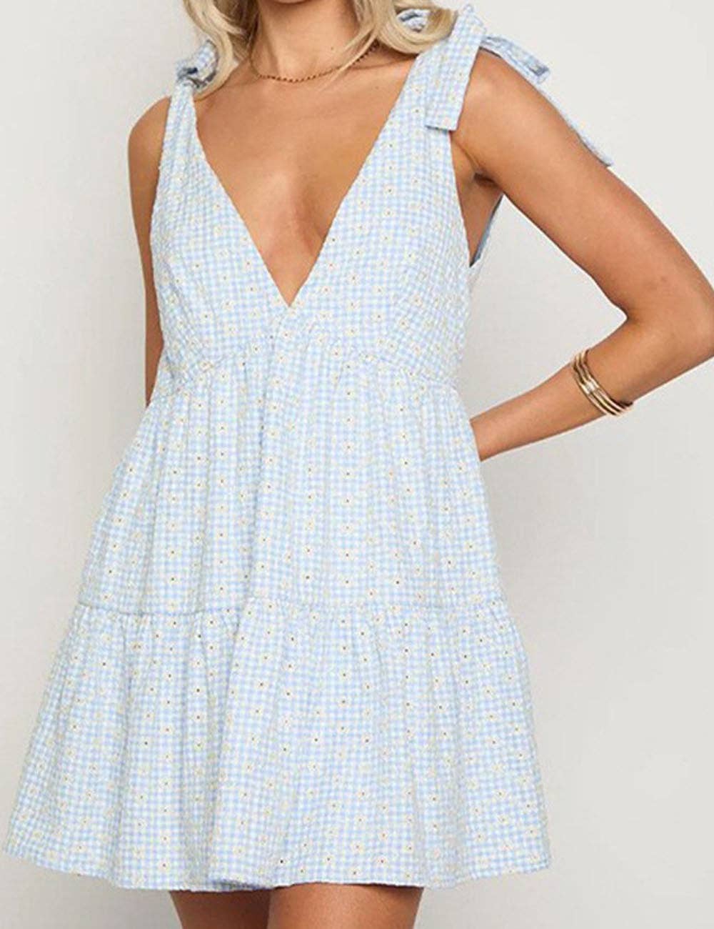 Dipped Shop - Casual Plaid Tie-Strap V-Neck Mini Dress DP25D577: Black / M